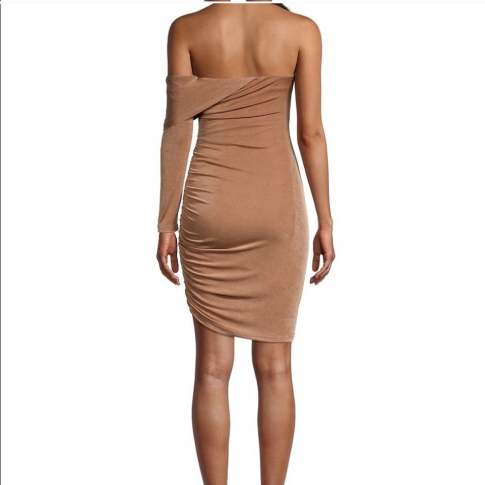Tan Asymmetrical Ruched One-Shoulder Dress - Picture 2 of 7
